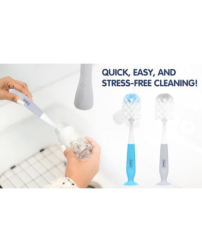 Hopop 2 in 1 Bottle & Nipple Cleaning Brush Set-Grooved Handle With Suction Base-Flexible Bristles-Comfortable Grip-Blue