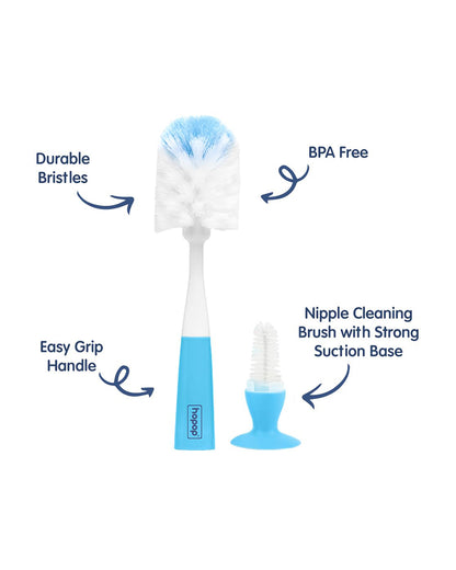 Hopop 2 in 1 Bottle & Nipple Cleaning Brush Set-Grooved Handle With Suction Base-Flexible Bristles-Comfortable Grip-Blue