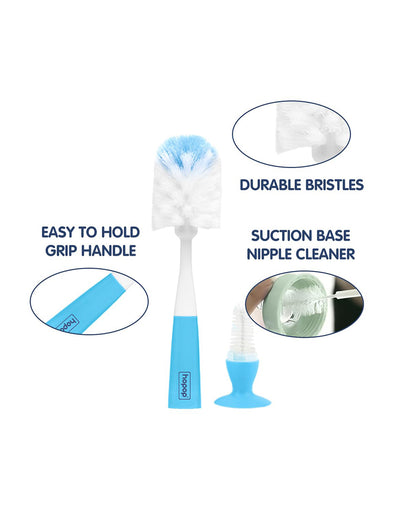 Hopop 2 in 1 Bottle & Nipple Cleaning Brush Set-Grooved Handle With Suction Base-Flexible Bristles-Comfortable Grip-Blue