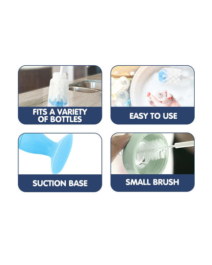 Hopop 2 in 1 Bottle & Nipple Cleaning Brush Set-Grooved Handle With Suction Base-Flexible Bristles-Comfortable Grip-Blue