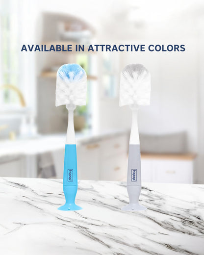 Hopop 2 in 1 Bottle & Nipple Cleaning Brush Set-Grooved Handle With Suction Base-Flexible Bristles-Comfortable Grip-Blue