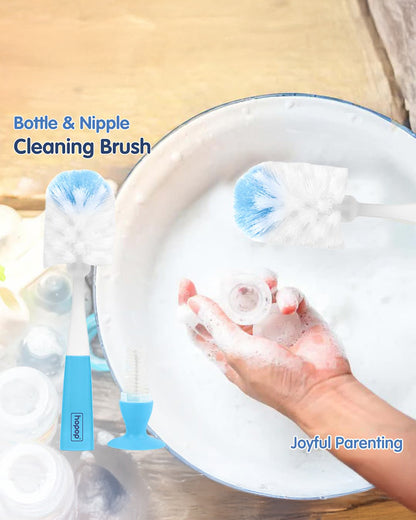 Hopop 2 in 1 Bottle & Nipple Cleaning Brush Set-Grooved Handle With Suction Base-Flexible Bristles-Comfortable Grip-Blue