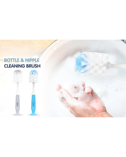 Hopop 2 in 1 Bottle & Nipple Cleaning Brush Set-Grooved Handle With Suction Base-Flexible Bristles-Comfortable Grip-Blue