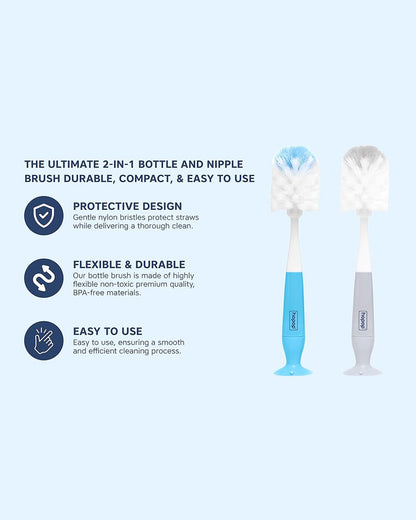 Hopop 2 in 1 Bottle & Nipple Cleaning Brush Set-Grooved Handle With Suction Base-Flexible Bristles-Comfortable Grip-Blue