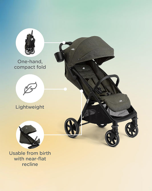Joie Nutmeg Cabin Friendly Stroller-One Hand Fold-Near Flat Reclining Seat-Car Seat Compatible-2 Years Warranty-For 0 to 4Y (Upto 22 Kg)-Shale