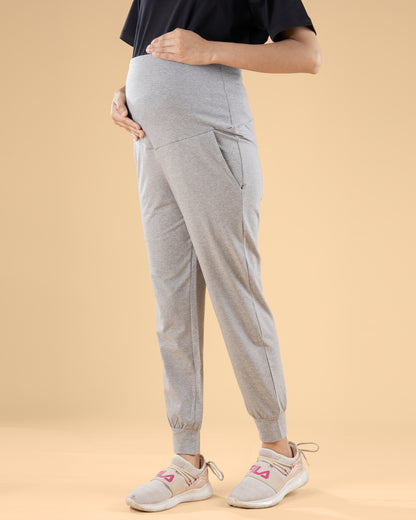 Wobbly Walk Grey Maternity Jogger-Solid Color-Cotton-Tight Fit-Bump Friendly