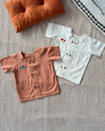 Bhaakur White & Brown Jhablas-Tulip & Bird-GOTS Certified Organic Cotton-Pack of 2-For Infants