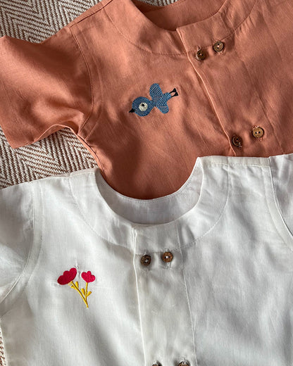 Bhaakur White & Brown Jhablas-Tulip & Bird-GOTS Certified Organic Cotton-Pack of 2-For Infants