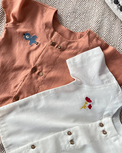 Bhaakur White & Brown Jhablas-Tulip & Bird-GOTS Certified Organic Cotton-Pack of 2-For Infants