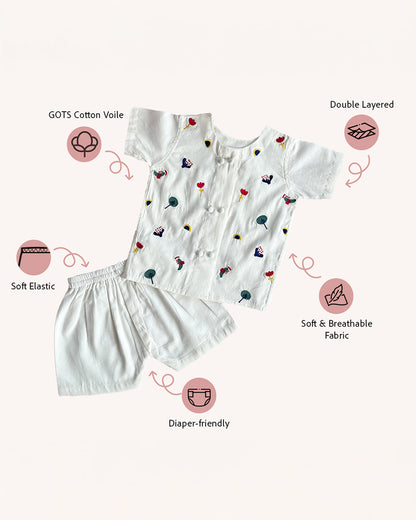 Bhaakur White Jhabla Set-Dash of Colors-GOTS Certified Cotton Voile-For Infants