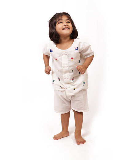Bhaakur White Jhabla Set-Dash of Colors-GOTS Certified Cotton Voile-For Infants
