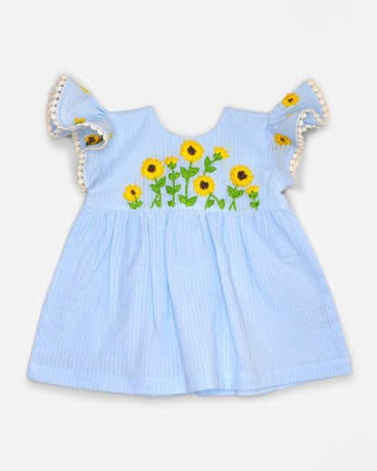 Keebee Light Blue Frock-Sunflower Embroidered-Organic Cotton-For Infants