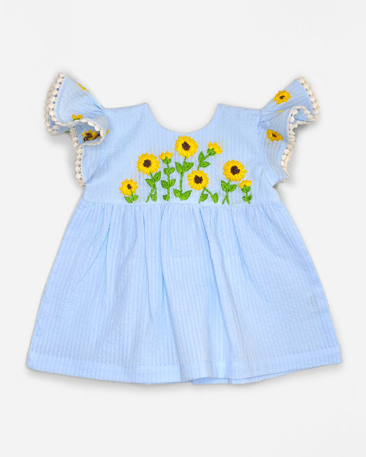 Keebee Light Blue Frock-Sunflower Embroidered-Organic Cotton-For Infants