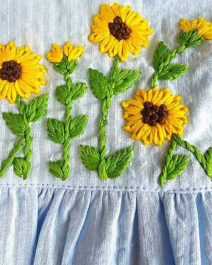 Keebee Light Blue Frock-Sunflower Embroidered-Organic Cotton-For Infants