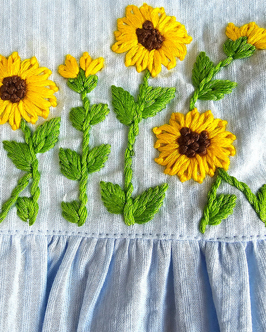 Keebee Light Blue Frock-Sunflower Embroidered-Organic Cotton-For Infants