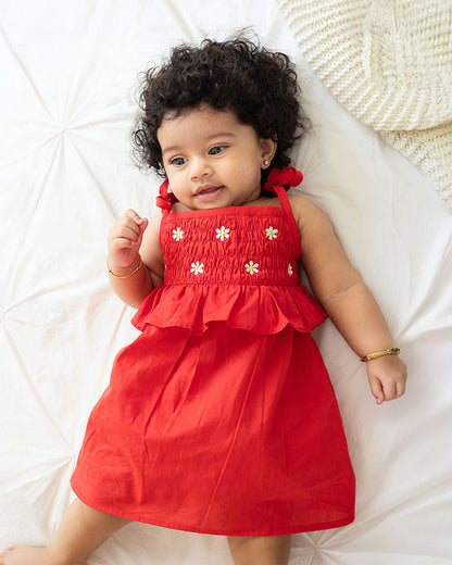 Keebee Red Shoulder Strap Dress with Bloomer-Flower Embroidered-Organic Cotton-For Infants