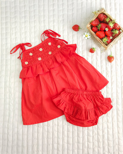 Keebee Red Shoulder Strap Dress with Bloomer-Flower Embroidered-Organic Cotton-For Infants