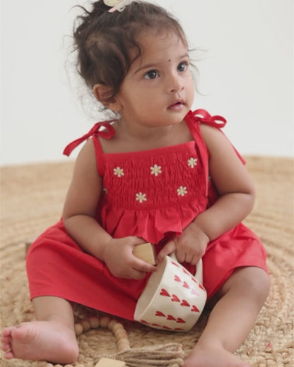 Keebee Red Shoulder Strap Dress with Bloomer-Flower Embroidered-Organic Cotton-For Infants