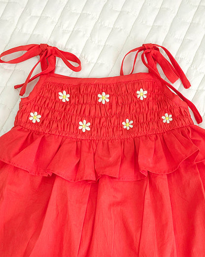 Keebee Red Shoulder Strap Dress with Bloomer-Flower Embroidered-Organic Cotton-For Infants