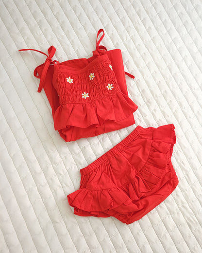 Keebee Red Shoulder Strap Dress with Bloomer-Flower Embroidered-Organic Cotton-For Infants
