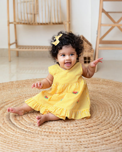 Keebee Yellow Kimono Dress-Striped-Watermelon Embroidered-Organic Cotton-For Infants