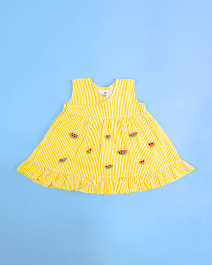 Keebee Yellow Kimono Dress-Striped-Watermelon Embroidered-Organic Cotton-For Infants