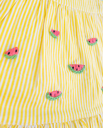 Keebee Yellow Kimono Dress-Striped-Watermelon Embroidered-Organic Cotton-For Infants