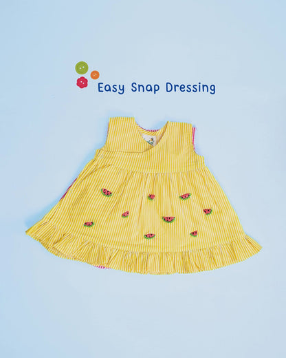 Keebee Yellow Kimono Dress-Striped-Watermelon Embroidered-Organic Cotton-For Infants
