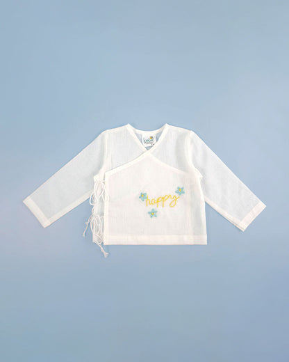 Keebee White Kimono Jhabla-Happy Embroidered-Organic Cotton-For Infants