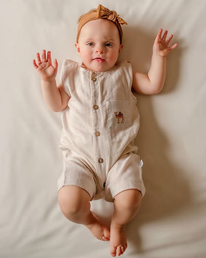 Tickle Tickle Beige Half Romper-Solid-Organic Muslin-For Infants