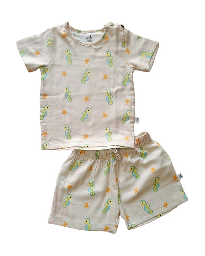 Tickle Tickle Beige T-shirt & Shorts Set-Sea Sparkle-Organic Muslin-For Infants