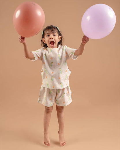Tickle Tickle Beige T-shirt & Shorts Set-Sea Sparkle-Organic Muslin-For Infants