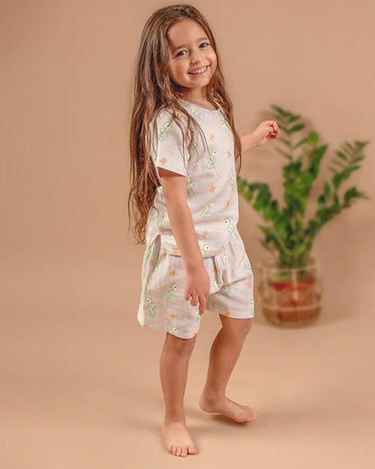 Tickle Tickle Beige T-shirt & Shorts Set-Sea Sparkle-Organic Muslin-For Infants