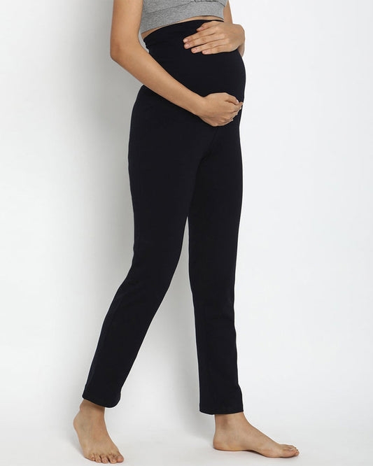 Wobbly Walk Black Maternity Yoga Pant-Solid Color-French-Terry-Straight Fit-Bump Friendly