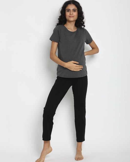 Wobbly Walk Black Maternity Yoga Pant-Solid Color-French-Terry-Straight Fit-Bump Friendly