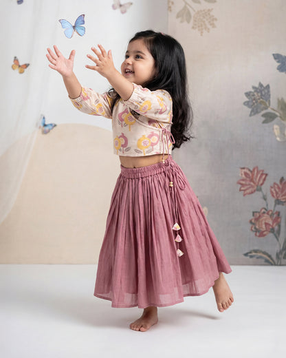 Dulaar Gardens of Anar Mulberry Lehenga Set-Hand Block Printed-Chanderi-For Infants