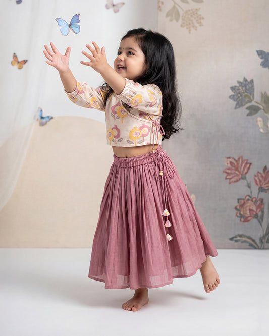 Dulaar Gardens of Anar Mulberry Lehenga Set-Hand Block Printed-Chanderi-For Infants