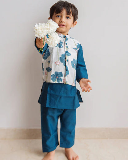 Dulaar Teal Kurta Pajama Set-Hand Block Printed-Chanderi Cotton-For Infants
