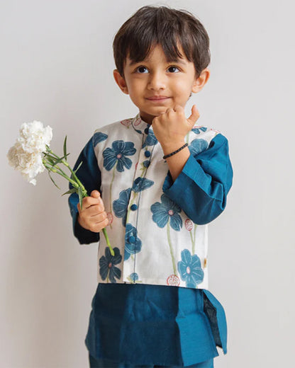 Dulaar Teal Kurta Pajama Set-Hand Block Printed-Chanderi Cotton-For Infants