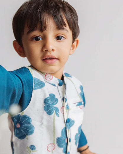 Dulaar Teal Kurta Pajama Set-Hand Block Printed-Chanderi Cotton-For Infants