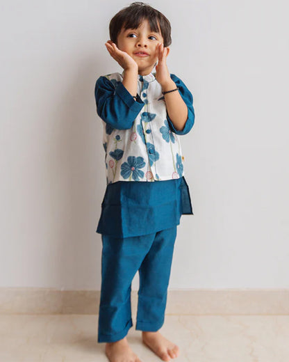 Dulaar Teal Kurta Pajama Set-Hand Block Printed-Chanderi Cotton-For Infants