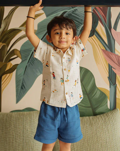 Dulaar White & Blue Shirt & Shorts Set-Organic Muslin-For Infants