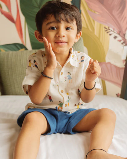 Dulaar White & Blue Shirt & Shorts Set-Organic Muslin-For Infants