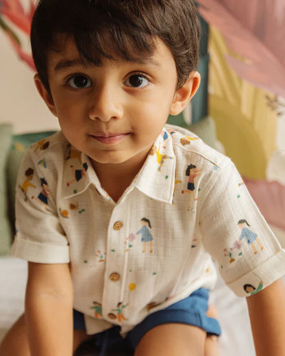 Dulaar White & Blue Shirt & Shorts Set-Organic Muslin-For Infants