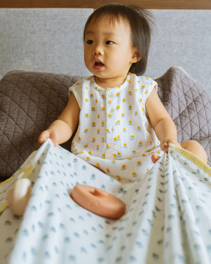 Dulaar 3 Layer Hand Block Printed Sanganer Grey Blooms Baby Dohar Blanket-Pure Malmal Cotton Muslin-For Infants