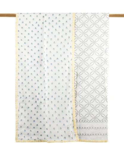 Dulaar 3 Layer Hand Block Printed Sanganer Grey Blooms Baby Dohar Blanket-Pure Malmal Cotton Muslin-For Infants