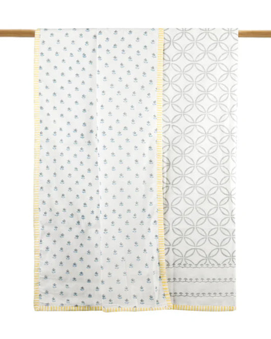Dulaar 3 Layer Hand Block Printed Sanganer Grey Blooms Baby Dohar Blanket-Pure Malmal Cotton Muslin-For Infants