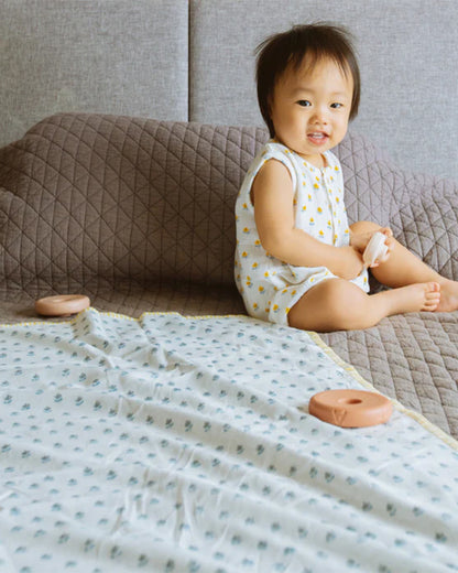 Dulaar 3 Layer Hand Block Printed Sanganer Grey Blooms Baby Dohar Blanket-Pure Malmal Cotton Muslin-For Infants