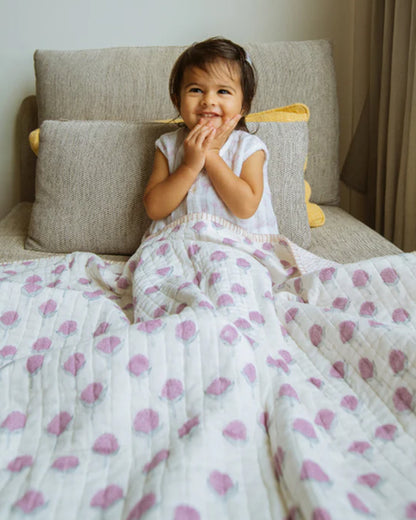 Dulaar Hand Block Printed Pink Bud Reversible Baby Quilt-Pure Malmal Cotton Muslin-For Infants