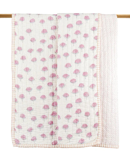 Dulaar Hand Block Printed Pink Bud Reversible Baby Quilt-Pure Malmal Cotton Muslin-For Infants